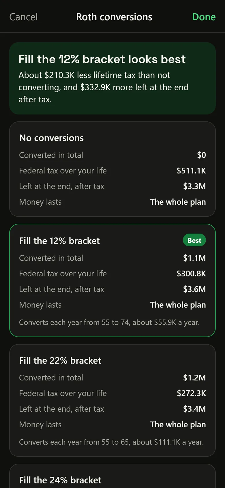 Roth conversion planner recommending filling the 12 percent bracket
